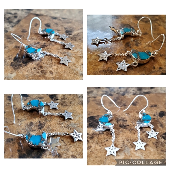 Genuine Turquoise & Pyrite Moon and Stars Earrings - Picture 5 of 6